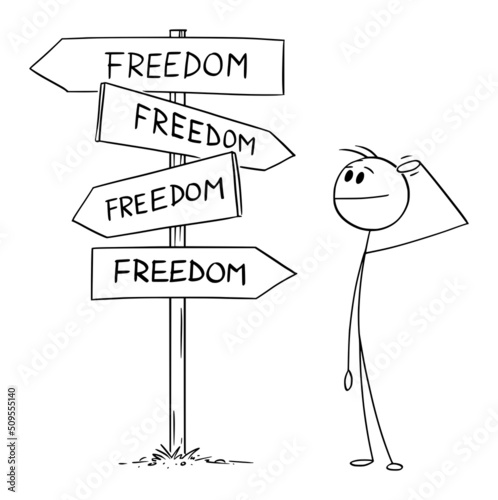 Person Standing on Crossroad, Decide and Choose from Freedom Choices , Vector Cartoon Stick Figure Illustration