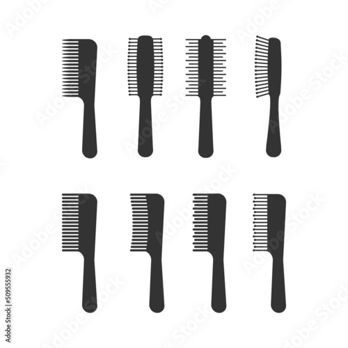 Hair brush glyph icon set. Wooden comb with handle for styling and untangling hair. Hairdresser salon equipment. Barber accessory tool. Beauty concept. Isolated vector illustration.