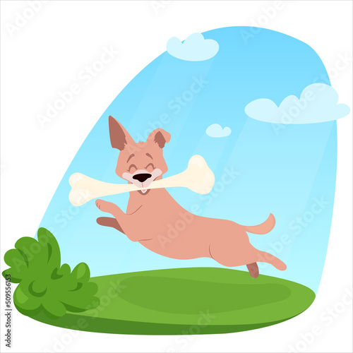 Happy jumping dog on a sunny day in the park. Puppy playing with a toy bone. Friendly terrier flying high on summer landscape background. Play time concept. Cartoon poster. Vector illustration.