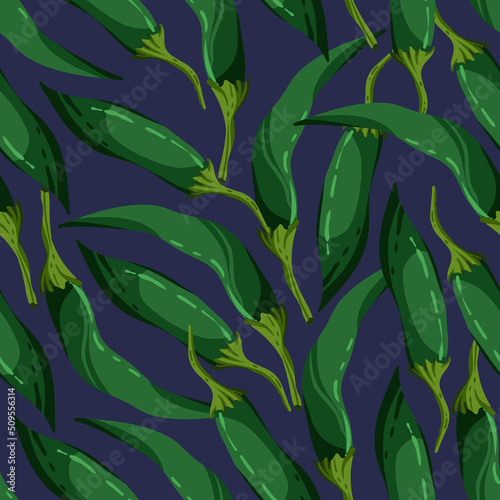 Vector illustration. Healthy green food. Hot green peppers. Handmade, dark background, seamless pattern