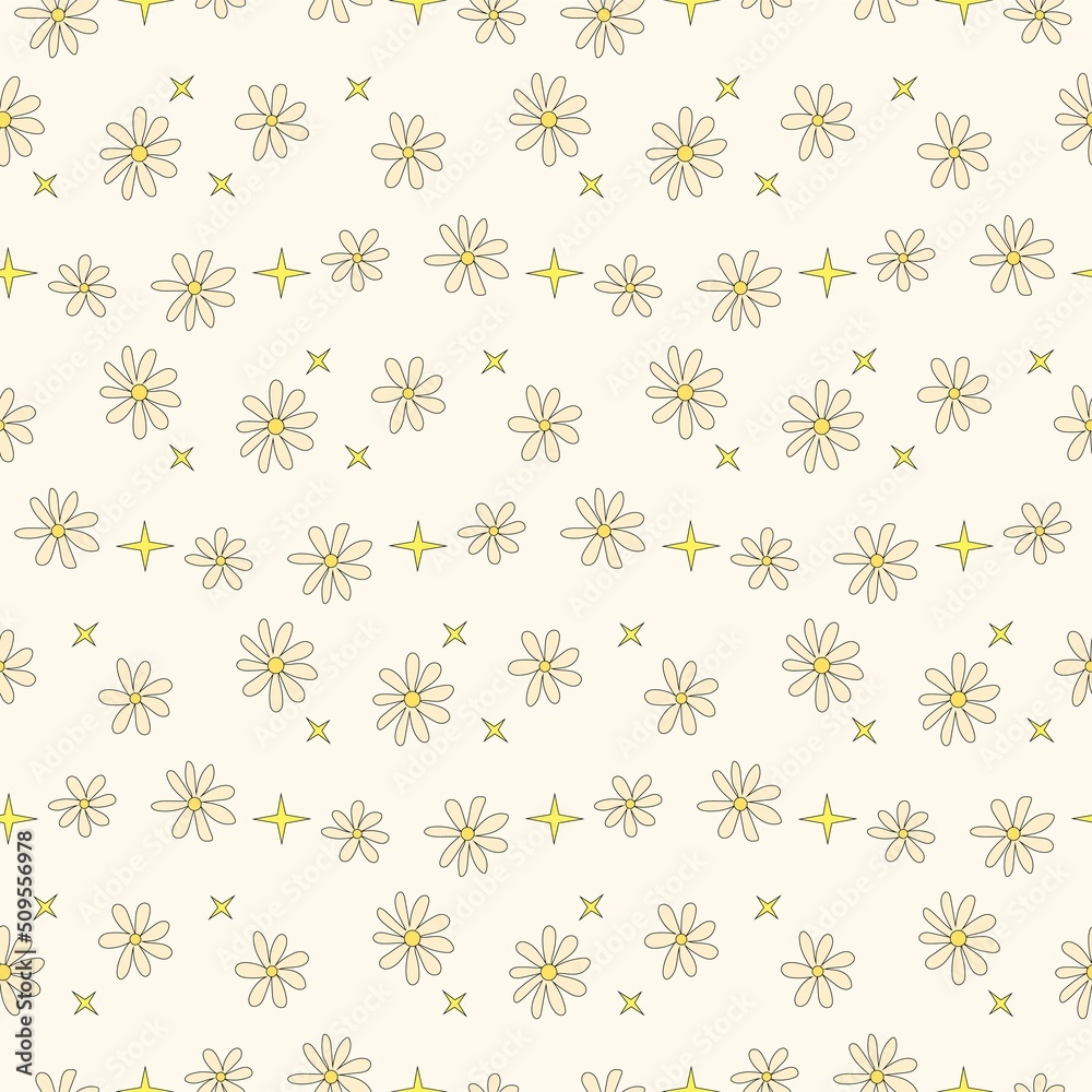 Chamomile pattern 1970. Retro Pattern 1970s. Bright stars on a pattern in the style of 1970. Groovy wave Chamomile pattern 1970. Retro Pattern 1970s. Bright stars on a pattern in the style of 1970. Groovy wave