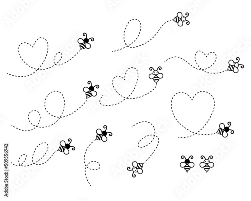 Flying Bee illustration, Bee Path Bundle illustration, Heart Honey Bee in Flight vector