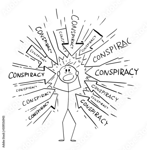 Person in Stress Attacked by Information About Conspiracy, Vector Cartoon Stick Figure Illustration