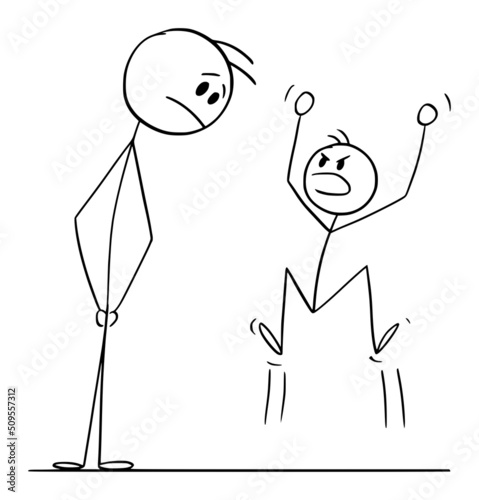 Father Looking at Angry or Resentful Child or Boy , Vector Cartoon Stick Figure Illustration