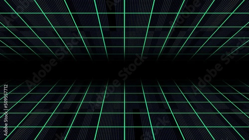 3D Vector perspective grid. Abstract wireframe landscape. Detailed lines on black background.
