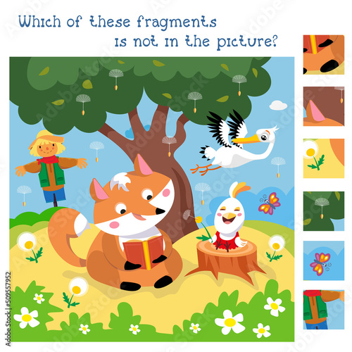 Find hidden fragments. Game for children. Fox read book  chicken blow on dandelion. Vector color illustration.