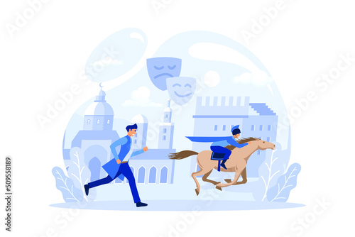 Stuntman concept. Actor performing dangerous stunt on horse. Movie production, hollywood industry. Flat vector illustration