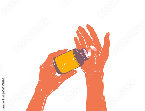 Old man hand holding drug medicine bottle. Close up of pills in hands. Medication concept