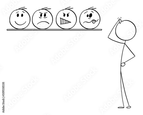 Decide About Emotion, Choose Your Face, Vector Cartoon Stick Figure Illustration