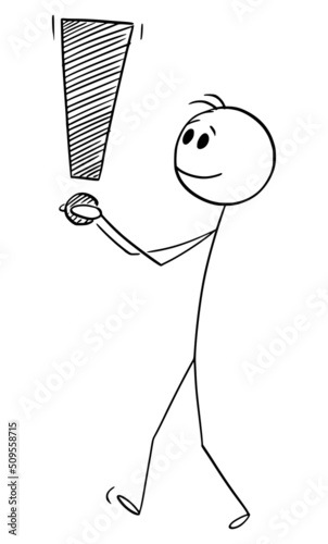 Person Holding Exclamation Mark or Symbol, Vector Cartoon Stick Figure Illustration