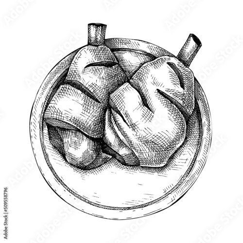 Ham hocks on plate drawing. German food sketch. Oktoberfest menu design element. Hand drawn fast food illustration for Octoberfest. Traditional German cuisine sketch. Pork knuckle in engraved style