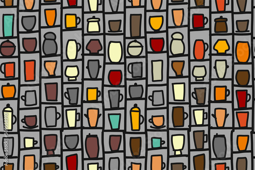 Retro cups on shelves in sideboard. Sketch for your design