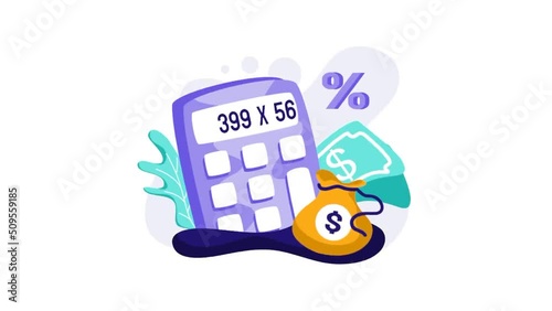 Payment Calculator Animation for transaction, money bag, percent, concept on financial finance, marketplace, perfect for ui ux, mobile app, web, brochure, advertising