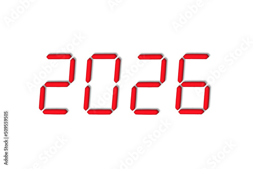 The dial of the electronic clock which shows the year 2026,isolated on a white background