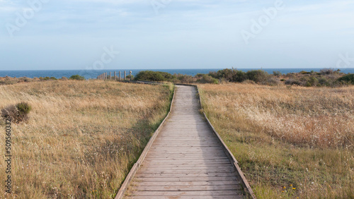 Pasarela de madera en playa de parque natural de calblanque en el litoral mediterraneo