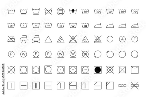 Laundry guide. A set of symbols, icons and icons with descriptions for washing, drying and ironing. Used for clothes and fabrics. Vector illustration with editable stroke.