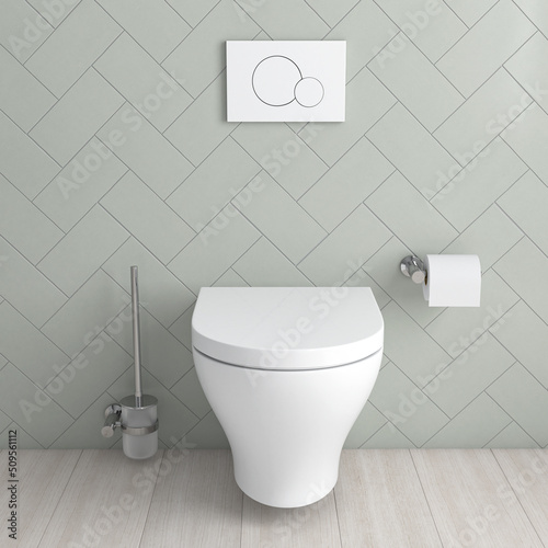 Bathroom interior with white toilet with closed seat cover. Modern style. 3d illustration