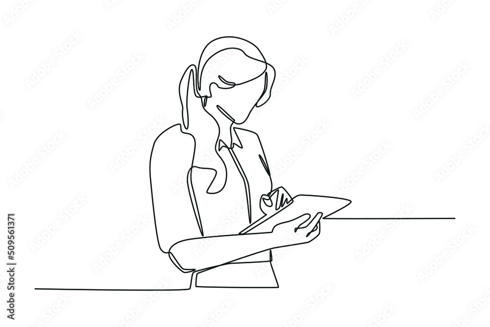 Single one line drawing Businesswomen checking schedule in tablet. Planning and scheduling concept. Continuous line draw design graphic vector illustration.