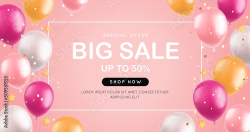 Big sale with 3d balloons, realistic pink and yellow air balloons, stars and confetti on pink background. Special offer banner, shop grand opening festive concept. Vector illustration