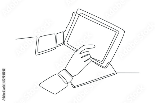 Single one line drawing Businessman touching and sliding tablet screen. Technology concept. Continuous line draw design graphic vector illustration.