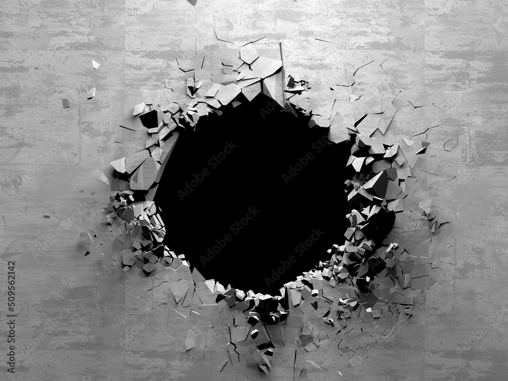 Explosion broken concrete wall bullet hole destruction - obrazy, fototapety, plakaty 
