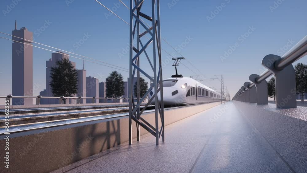 high speed train driving on electrified railway abstract 3d rendered
