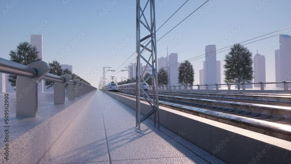 high speed train driving on electrified railway abstract 3d rendered
