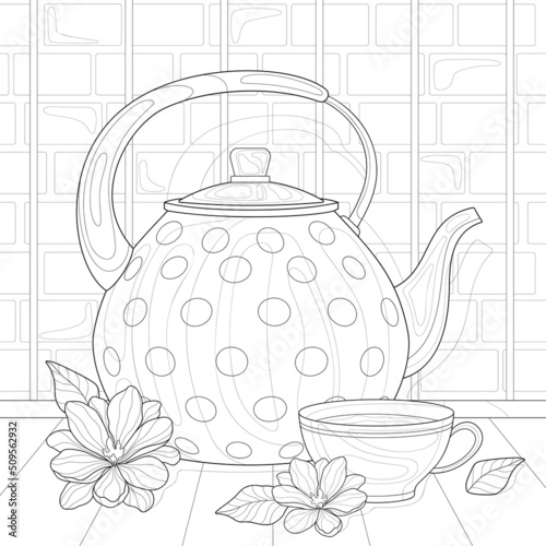 Hand drawn teapot, cup of tea flowers and leaves, wooden table, wallpaper. Kitchen, illustration on a white isolated background. For coloring book pages.
