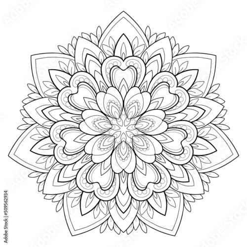 Simple mandala with floral elements on a white isolated background. For coloring book pages.