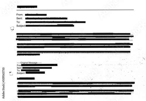 Redacted email texture on photocopied sheet with hole punch marks - entirely censored