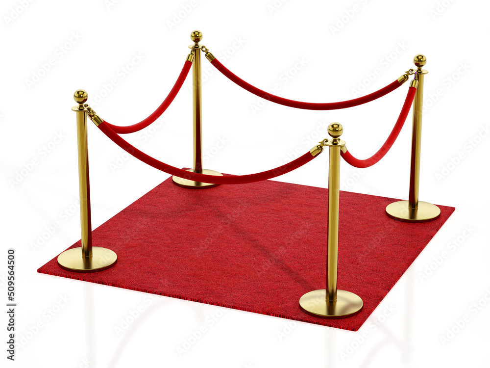 Square red carpet and velvet ropes isolated on white background. 3D illustration Square red carpet and velvet ropes isolated on white background. 3D illustration