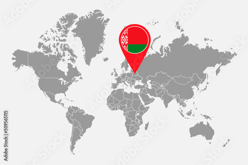 Pin map with Belarus flag on world map. Vector illustration.