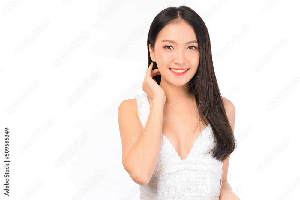 Portrait of young beautiful sexy asian woman wearing a white dress pose with empty space. Portrait of young beautiful sexy asian woman wearing a white dress pose with empty space.