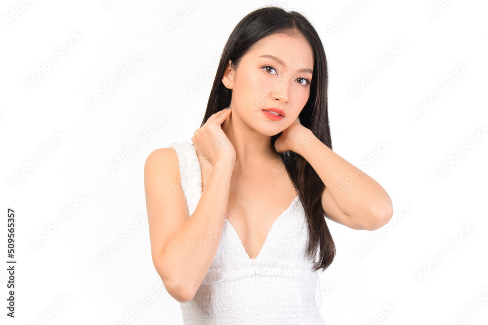 Portrait of young beautiful sexy asian woman wearing a white dress pose with empty space. Portrait of young beautiful sexy asian woman wearing a white dress pose with empty space.
