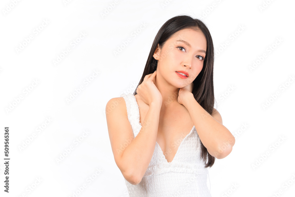 Portrait of young beautiful sexy asian woman wearing a white dress pose with empty space. Portrait of young beautiful sexy asian woman wearing a white dress pose with empty space.