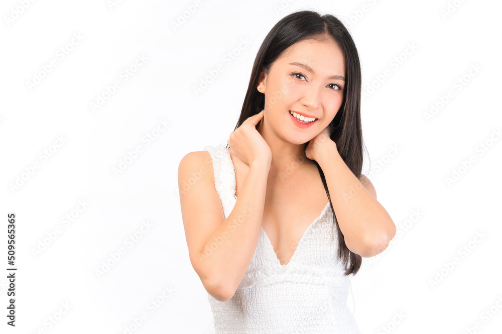 Portrait of young beautiful sexy asian woman wearing a white dress pose with empty space. Portrait of young beautiful sexy asian woman wearing a white dress pose with empty space.
