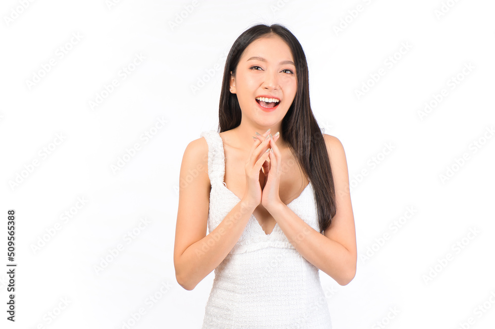Portrait of young beautiful sexy asian woman wearing a white dress pose with empty space. Portrait of young beautiful sexy asian woman wearing a white dress pose with empty space.