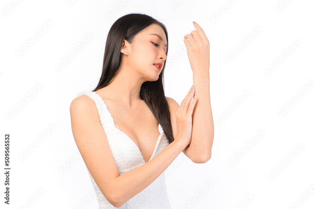 Portrait of young beautiful sexy asian woman wearing a white dress pose with empty space. Portrait of young beautiful sexy asian woman wearing a white dress pose with empty space.