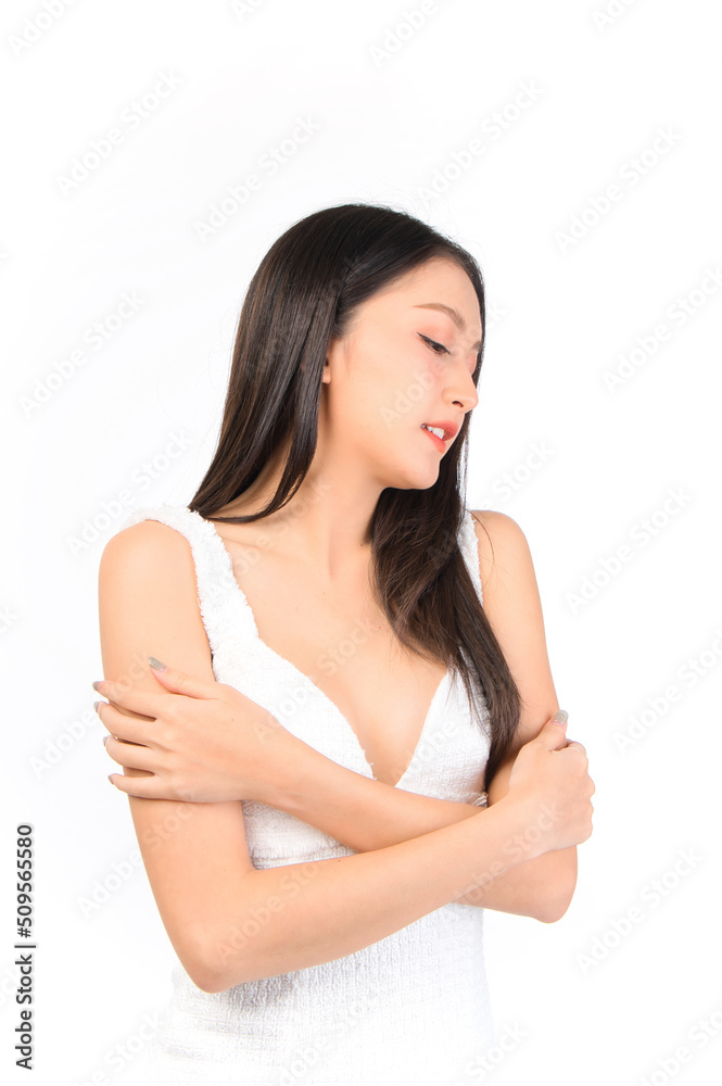 Portrait of young beautiful sexy asian woman wearing a white dress pose with empty space. Portrait of young beautiful sexy asian woman wearing a white dress pose with empty space.