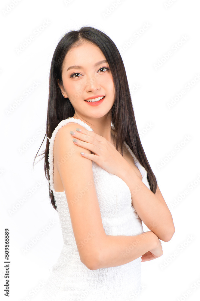 Portrait of young beautiful sexy asian woman wearing a white dress pose with empty space. Portrait of young beautiful sexy asian woman wearing a white dress pose with empty space.