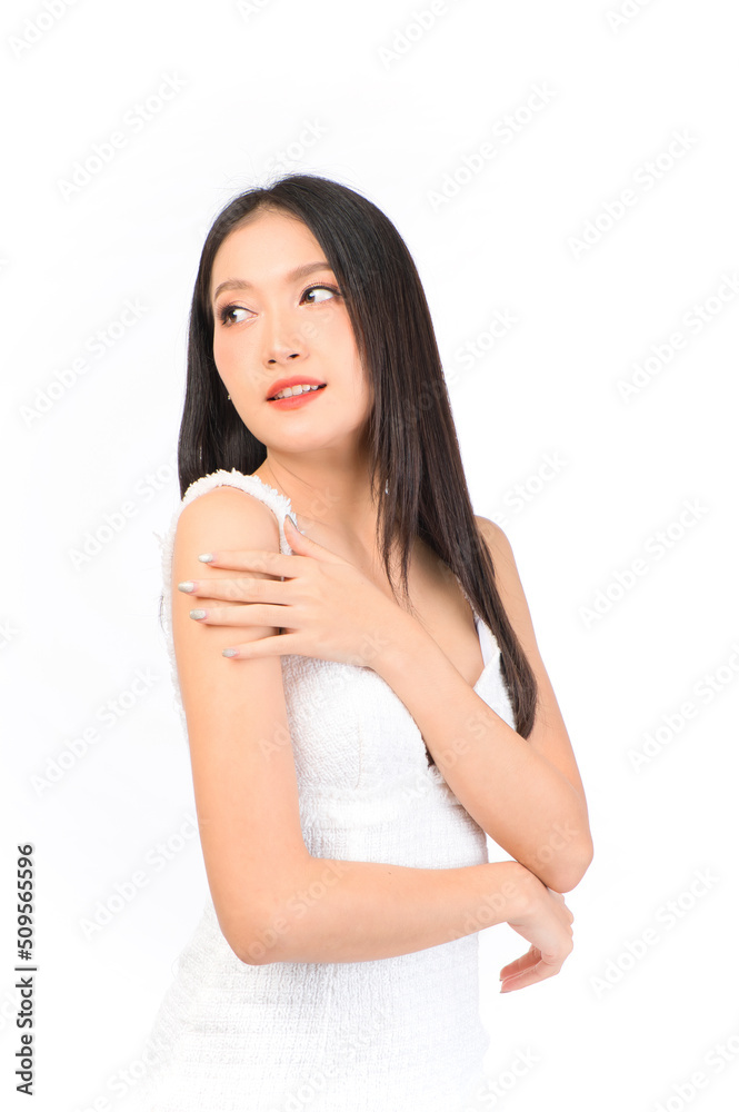 Portrait of young beautiful sexy asian woman wearing a white dress pose with empty space. Portrait of young beautiful sexy asian woman wearing a white dress pose with empty space.