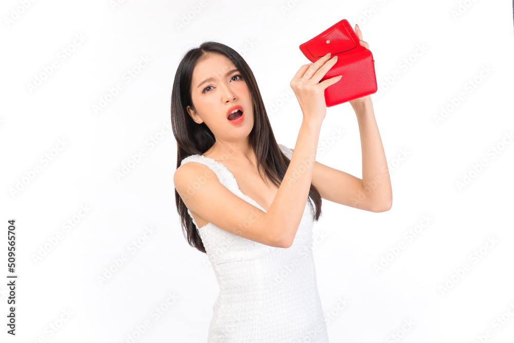 Portrait of young beautiful sexy asian woma asian woman no money in wallet ,unemployed Asian girl opening empty wallet money broke cash, bankruptcy economic financial concept. Portrait of young beautiful sexy asian woma asian woman no money in wallet ,unemployed Asian girl opening empty wallet money broke cash, bankruptcy economic financial concept.