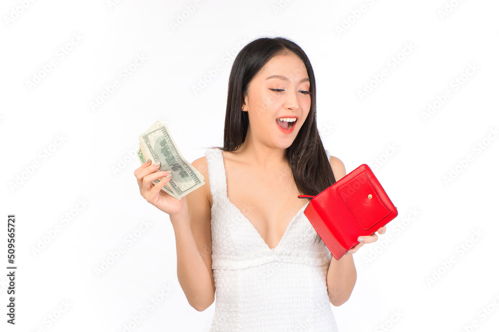 Portrait of young cheerful sexy asian woman happy holding happy holding a purse and wallet in hand, winner successful in business bankruptcy economic financial concept. Portrait of young cheerful sexy asian woman happy holding happy holding a purse and wallet in hand, winner successful in business bankruptcy economic financial concept.