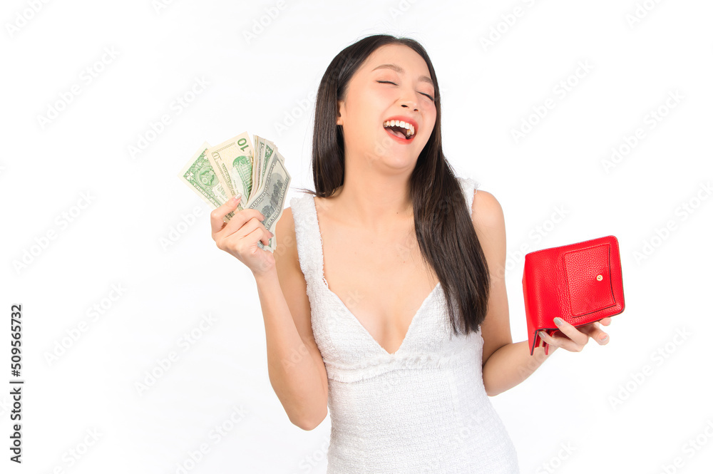 Portrait of young cheerful sexy asian woman happy holding happy holding a purse and wallet in hand, winner successful in business bankruptcy economic financial concept. Portrait of young cheerful sexy asian woman happy holding happy holding a purse and wallet in hand, winner successful in business bankruptcy economic financial concept.