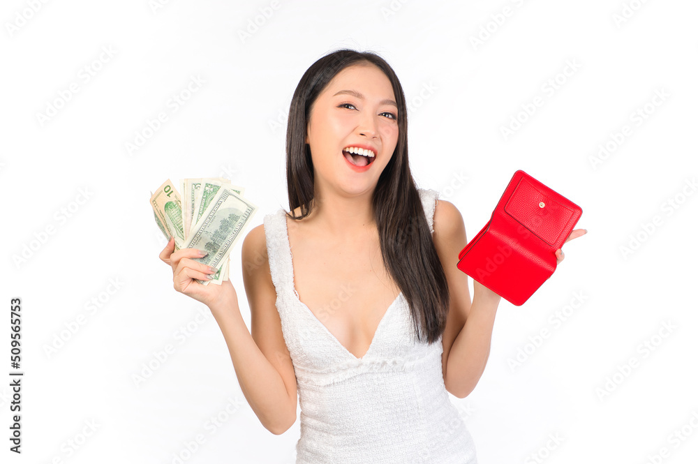 Portrait of young cheerful sexy asian woman happy holding happy holding a purse and wallet in hand, winner successful in business bankruptcy economic financial concept. Portrait of young cheerful sexy asian woman happy holding happy holding a purse and wallet in hand, winner successful in business bankruptcy economic financial concept.