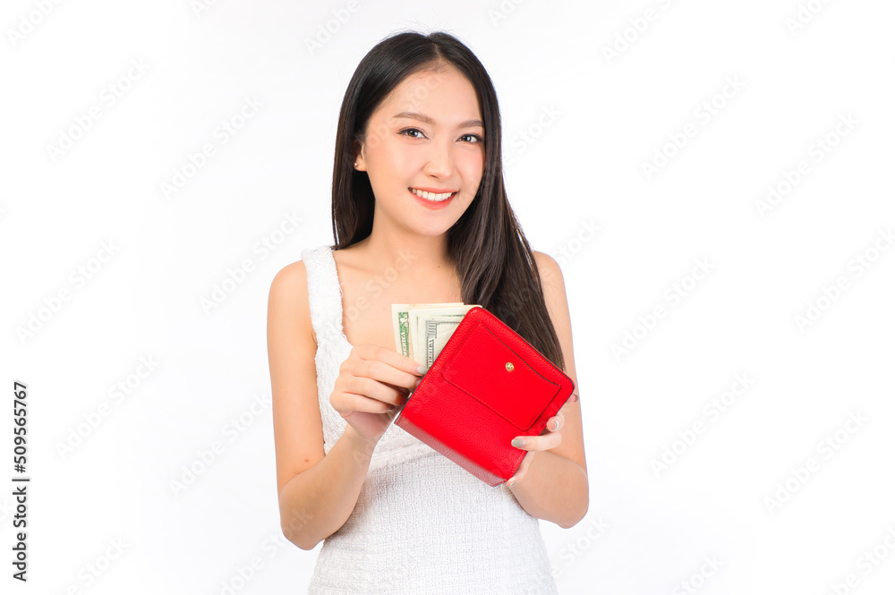 Portrait of young cheerful sexy asian woman happy holding happy holding a purse and wallet in hand, winner successful in business bankruptcy economic financial concept. Portrait of young cheerful sexy asian woman happy holding happy holding a purse and wallet in hand, winner successful in business bankruptcy economic financial concept.