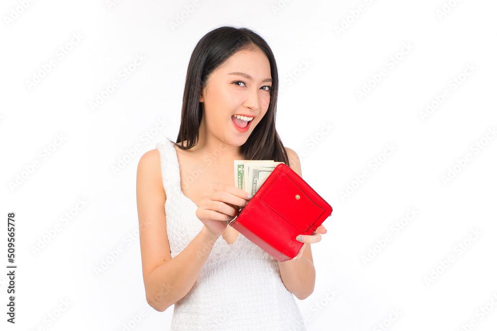 Portrait of young cheerful sexy asian woman happy holding happy holding a purse and wallet in hand, winner successful in business bankruptcy economic financial concept. Portrait of young cheerful sexy asian woman happy holding happy holding a purse and wallet in hand, winner successful in business bankruptcy economic financial concept.