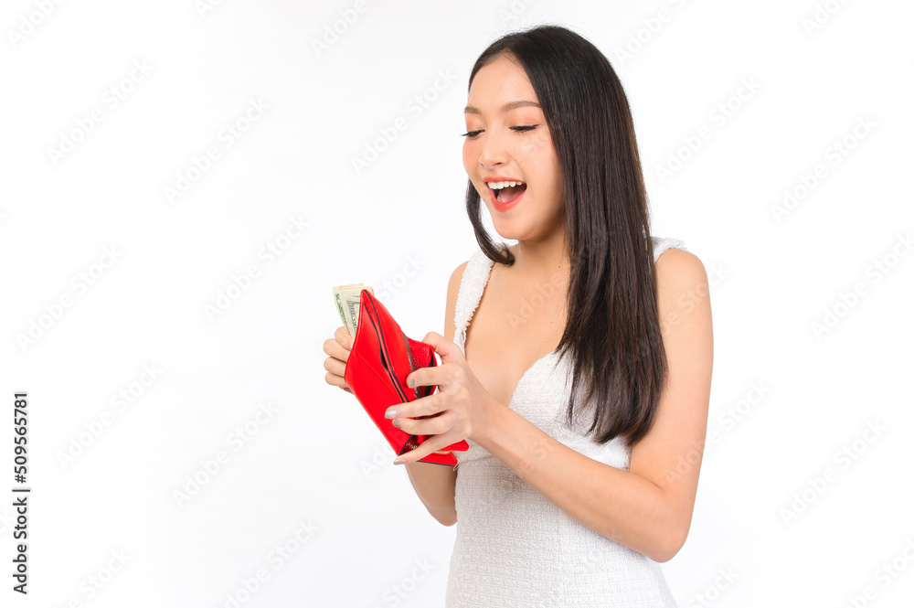 Portrait of young cheerful sexy asian woman happy holding happy holding a purse and wallet in hand, winner successful in business bankruptcy economic financial concept. Portrait of young cheerful sexy asian woman happy holding happy holding a purse and wallet in hand, winner successful in business bankruptcy economic financial concept.