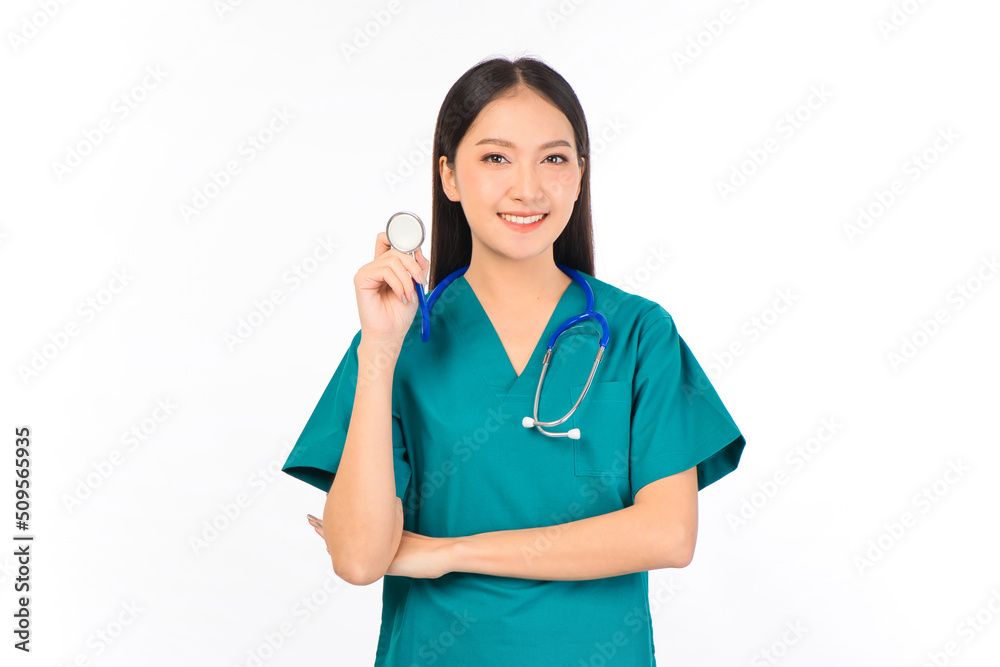 Portrait of professional confident young asian female smiling doctor in green scrubs doctor healthcare and doctors concept. Portrait of professional confident young asian female smiling doctor in green scrubs doctor healthcare and doctors concept.