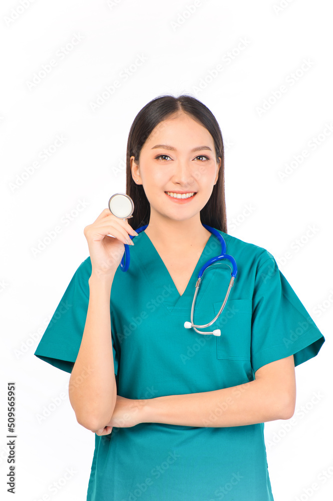 Portrait of professional confident young asian female smiling doctor in green scrubs doctor healthcare and doctors concept. Portrait of professional confident young asian female smiling doctor in green scrubs doctor healthcare and doctors concept.